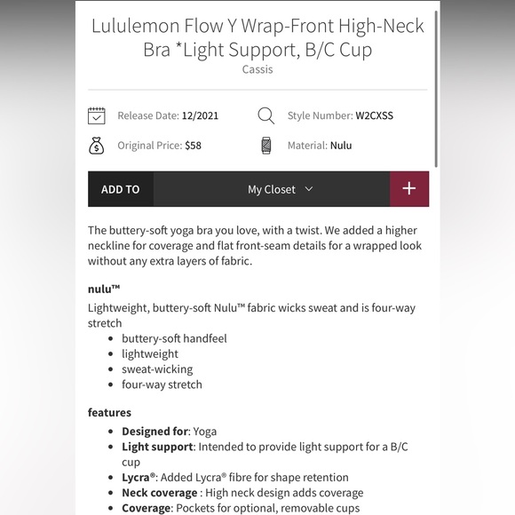 LULULEMON Flow Y Wrap Front High Neck Bra Light Support B/C Cup CASSIS size 4 - Picture 5 of 6
